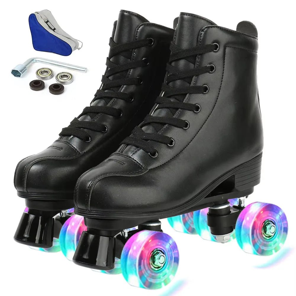 Women’s PU leather double-row quad roller skates with 4 wheels
